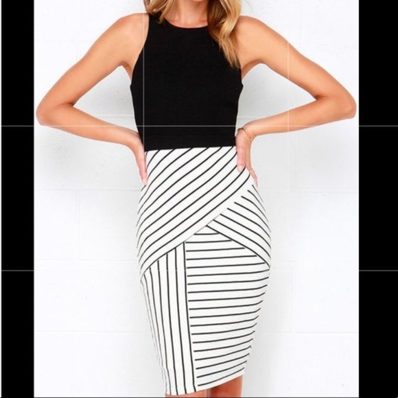 Lulus Kiss Cross Black & Ivory Striped Midi Dress - Picture 1 of 5